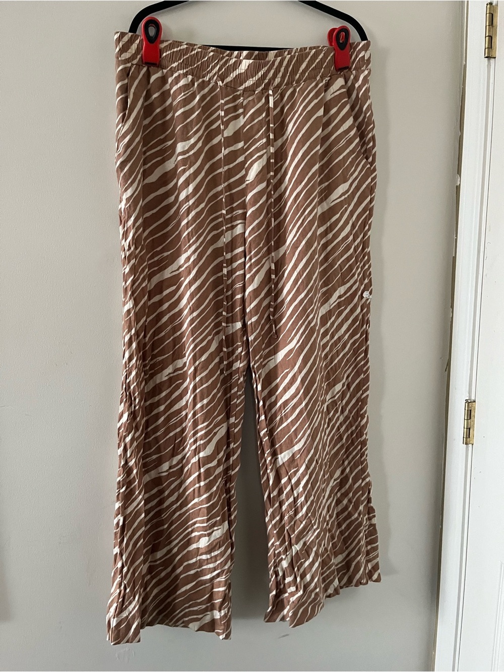 Tan Brown White Zebra Print Linen Blend Wide Leg Pants XL Resort Beach Tropical